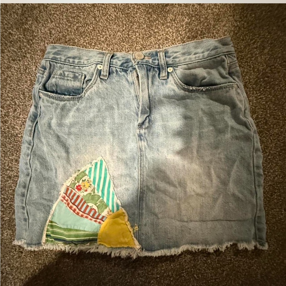 Light Blue BlankNYC Denim Mini Skirt with Fan Patchwork Detail